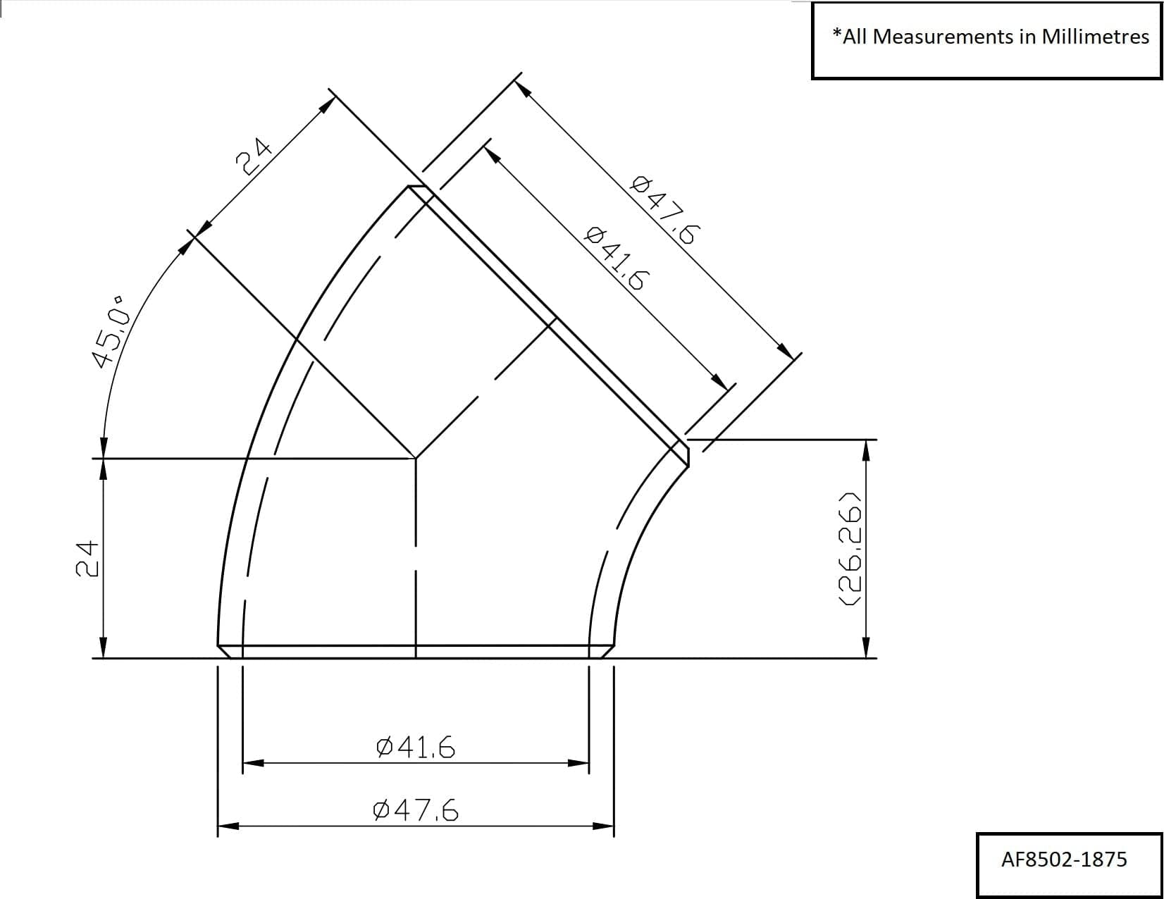 Aeroflow Aeroflow Aeroflow 1-7/8" (48mm) Steam Pipe Tube, 45 Degree Bend, 1.5D Radius (AF8502-1875) SR