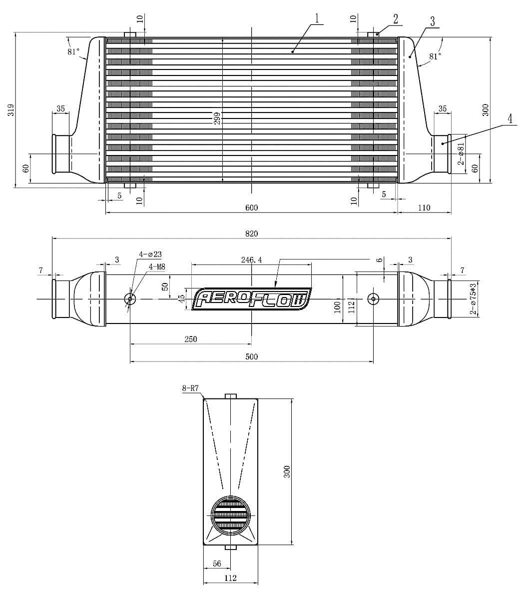 Aeroflow Performance 3" Slip On Inlet and Outlet with 2 M8x1.25mm Mounting Bosses Aeroflow 280x300x76mm Street Series Aluminium Intercooler, Black Finish AF90-1002BLK SR