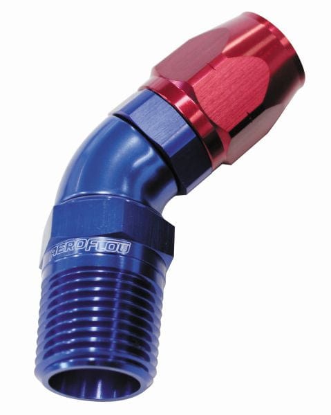 Aeroflow Performance Aeroflow 1/8NPT / 6AN / Blue 45° Male NPT Full Flow Swivel Hose End. AF528 Suits 100 & 450 Series Hose SR