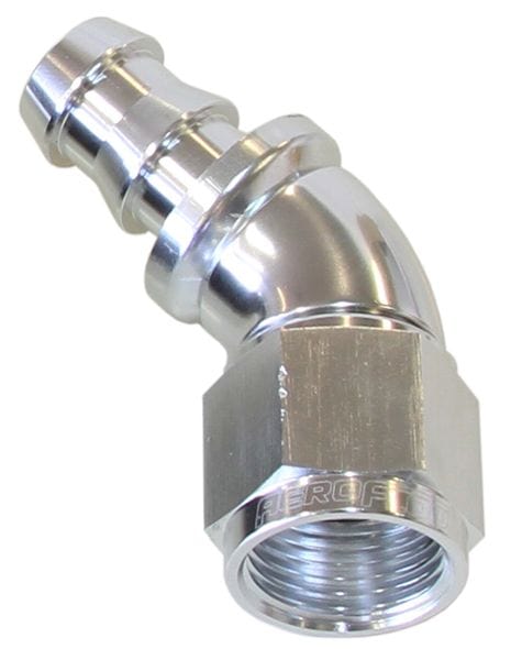 Aeroflow Performance Aeroflow 6 / Silver 510 Series Full Flow Tight Radius Push Lock 45° Hose End AF512. Suits 400 & 500 Series Hose SR