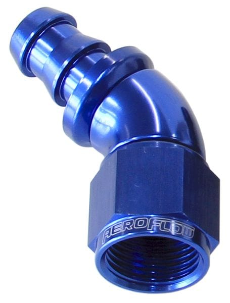 Aeroflow Performance Aeroflow 8 / Red/Blue 510 Series Full Flow Tight Radius Push Lock 45° Hose End AF512. Suits 400 & 500 Series Hose SR