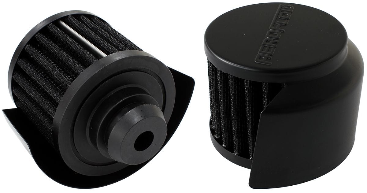 Aeroflow Performance Air Filters AF2271-1516 Black Push In Breather With Black Shield
3" (76.2mm) O.D. x 2-1/2" (63.5mm) High, 1-1/4" (31.7mm)Flange Inside Diameter SR