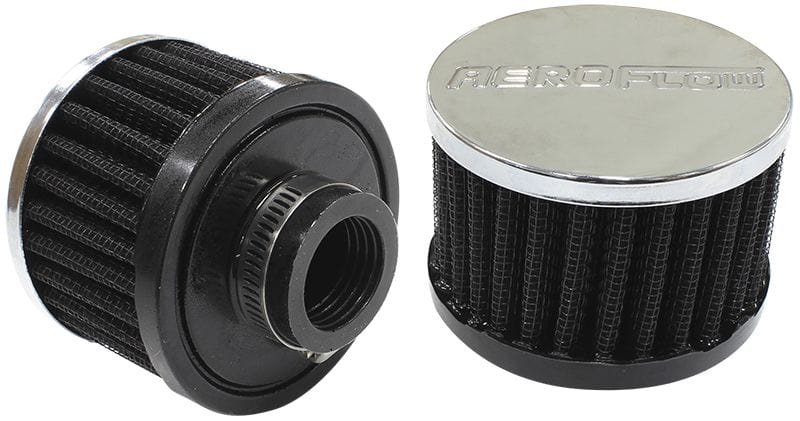 Aeroflow Performance Air Filters AF2871-1420 Chrome Clamp On Breather
3" (76.2mm) O.D. x 2-1/4" (57.5mm) High, 1" (24.5mm) Flange Inside Diameter SR