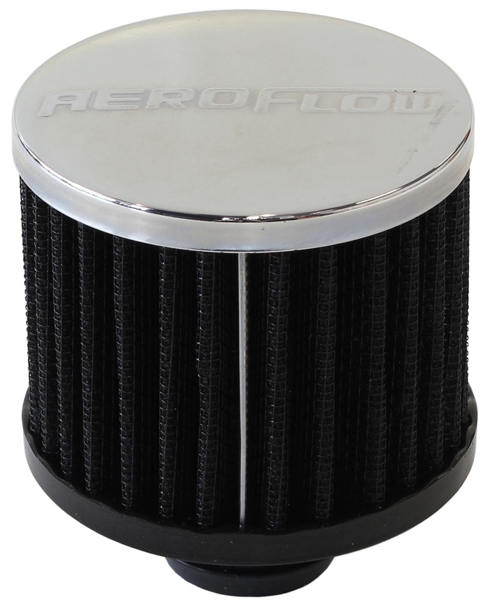 Aeroflow Performance Air Filters AF2871-1490 Chrome Clamp On Breather
3" (76.2mm) O.D. x 2-1/2" (63.5mm) High, 1-3/4" (44.45mm) Flange Inside Diameter SR