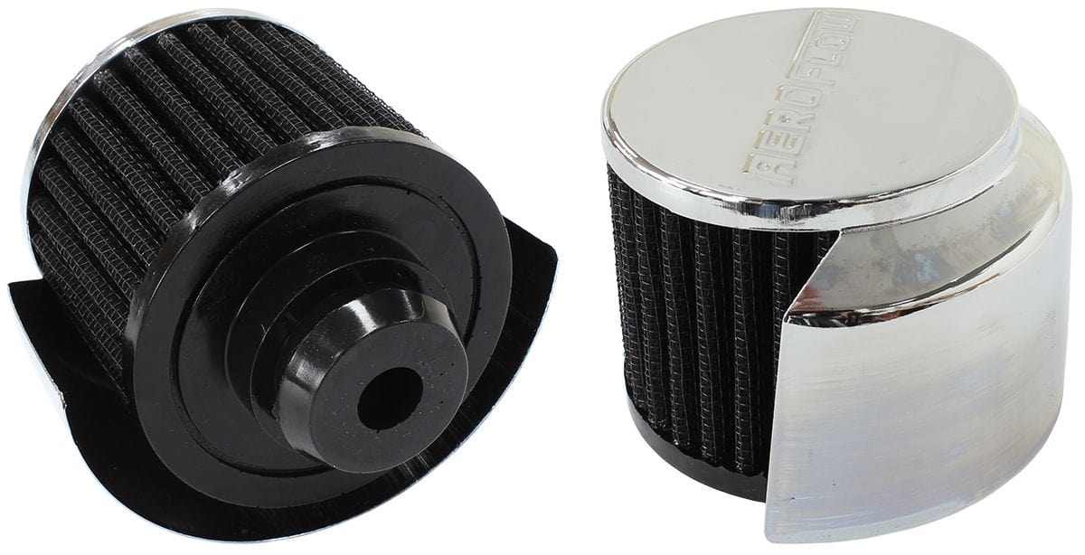 Aeroflow Performance Air Filters AF2871-1516 Chrome Push In Breather With Chrome Shield
3" (76.2mm) O.D. x 2-1/2" (63.5mm) High, 1-1/2" (25mm) Flange Inside Diameter SR