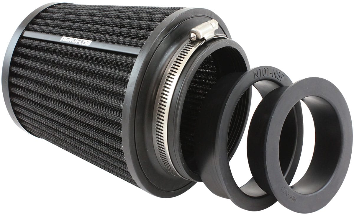 Aeroflow Performance Air Filtration Aeroflow Universal 4",3.5" & 3" Clamp-On Steel Top Inverted Tapered Pod Filter with Black End AF2711-1001 SR