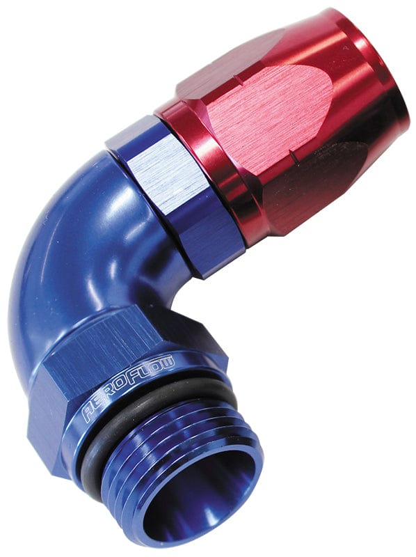 Aeroflow Performance Blue/Red Finish. Suits 100 & 450 Series Hose CLEARANCE Aeroflow 90° Male ORB Full Flow Swivel Hose End -10 ORB to -8AN AF549-08-10 SR