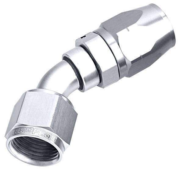 Aeroflow Performance Fittings 20 / Silver 500 Series Cutter Swivel 45° Hose End. Suits 100 & 450 Series Hose SR