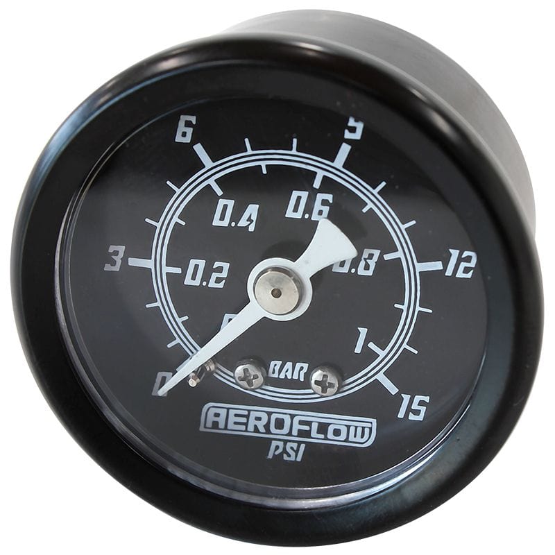 Aeroflow Performance Fuel Systems AF30-2204 1-1/2" 15 psi Pressure Gauge
Black Face, White Pointer, 1/8" NPT Male Thread SR