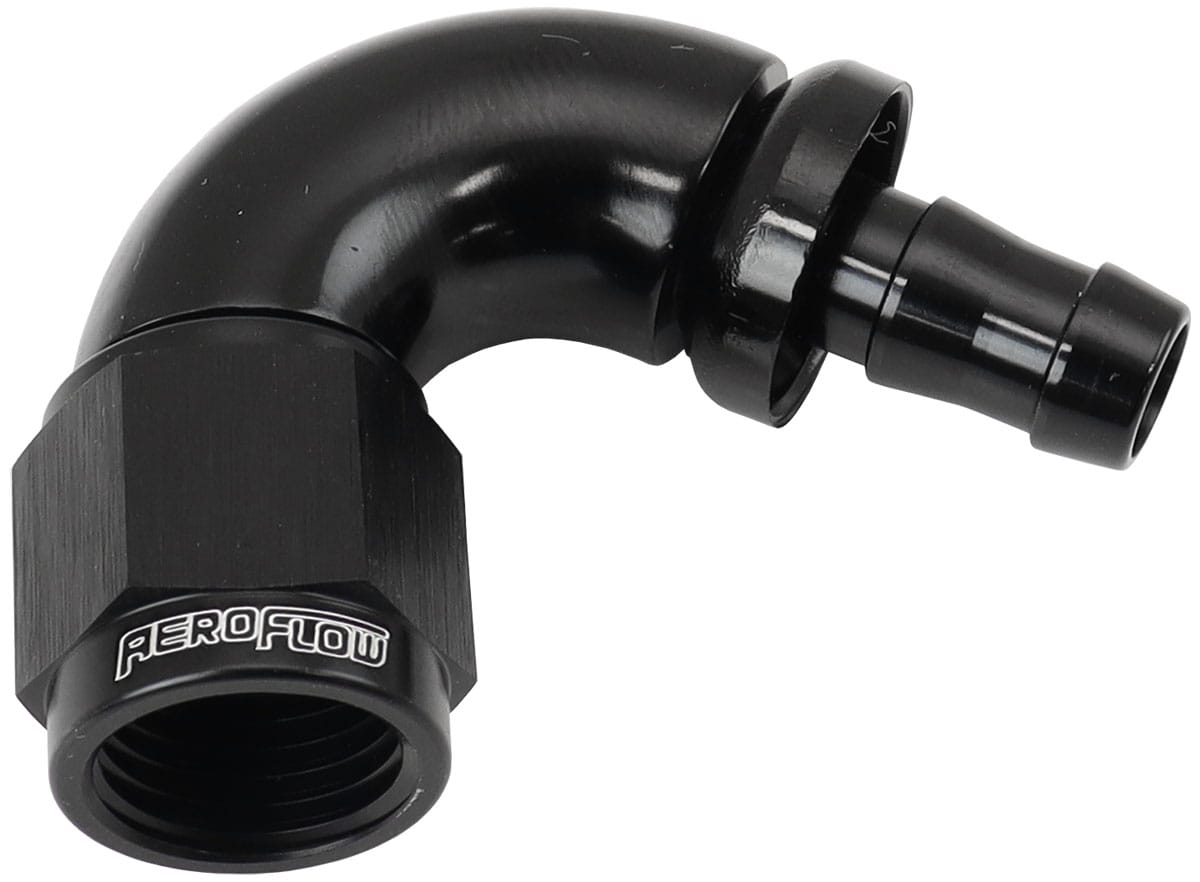 Aeroflow Performance Hose & Fittings Aeroflow 510 Series Full Flow Tight Radius Push Lock 120° Hose End -6AN To 5/16" (8mm) Barb AF514-06-05BLK SR