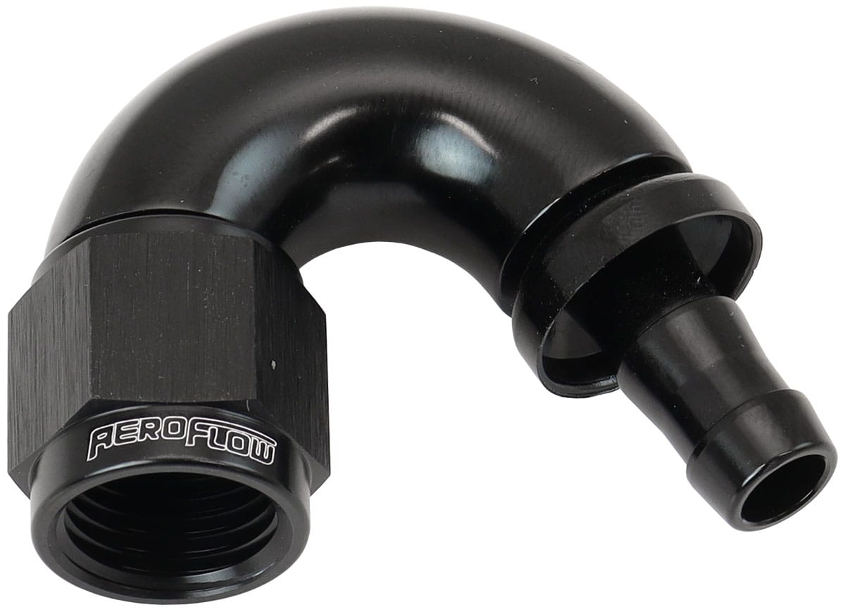 Aeroflow Performance Hose & Fittings Aeroflow 510 Series Full Flow Tight Radius Push Lock 150° Hose End -6AN To 5/16" (8mm) Barb AF515-06-05BLK SR