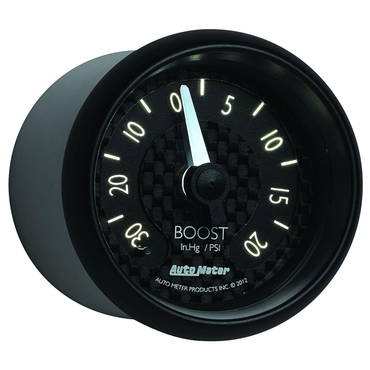 AUTOMETER 2-1/16", Black Carbon Fiber Dial, Full Sweep Mechanical, 30 in hg / 2 Auto Meter GT Series Boost Gauge AU8001 SR