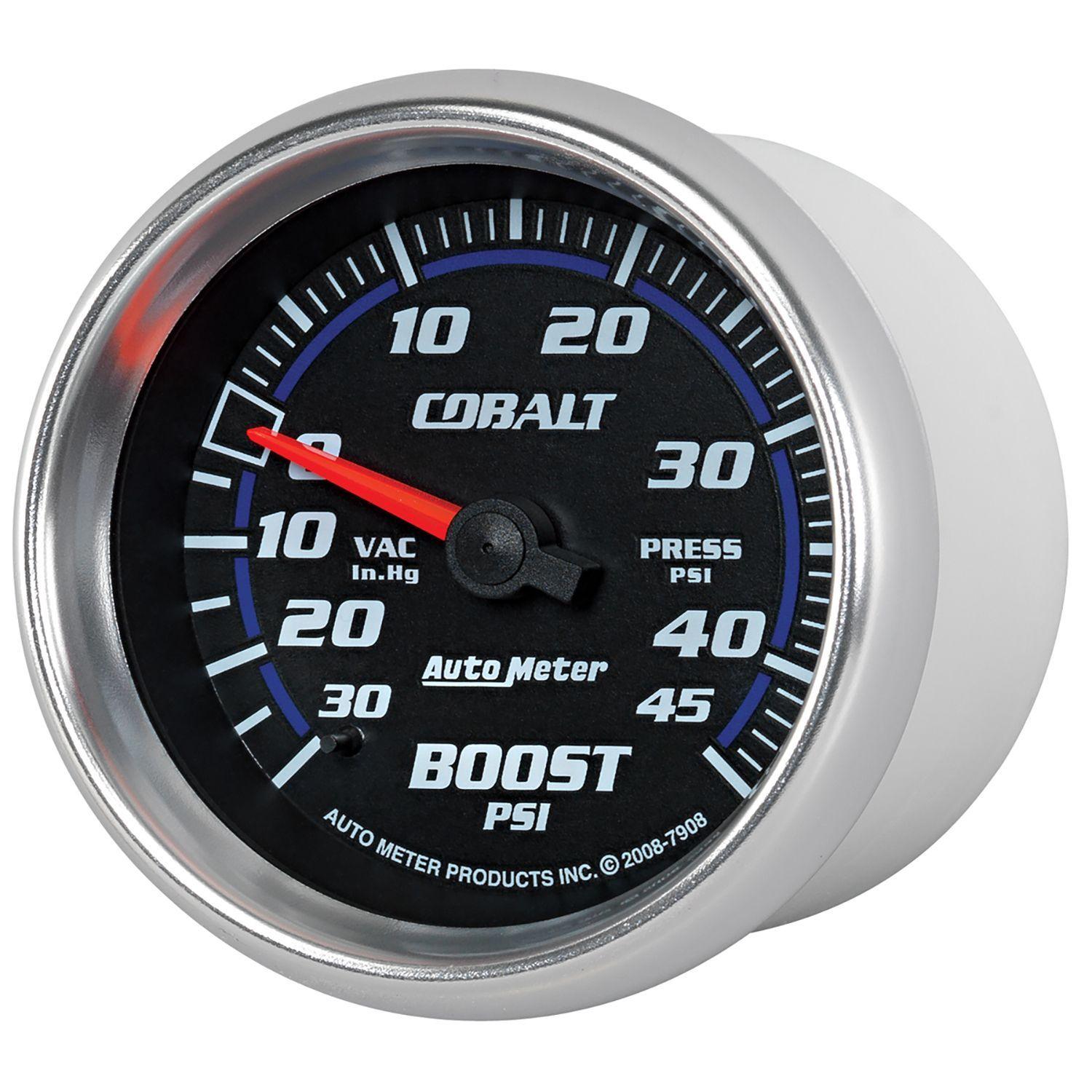 AUTOMETER 2-5/8", Full Sweep Mechanical, 30 In. Hg./45 psi Auto Meter Cobalt Series Boost/Vacuum Gauge AU7908 SR