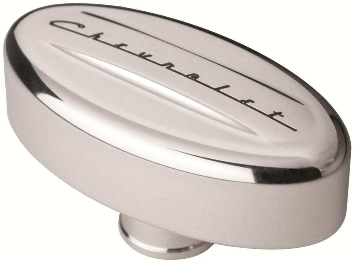 BILLET Suit Covers With 1-1/4" Hole, Grommet Included Billet Specialties Oval Valve Cover Breather With Chevrolet Script - Polished BS20923 SR