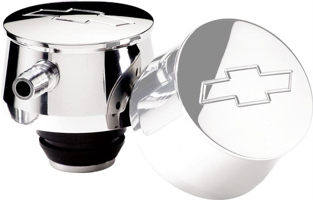 BILLET Suit Covers With 1-1/4" Hole & PCV Vale With 3/8" Barb, Grommet Inclu Billet Specialties Round Valve Cover Breather With Bowtie Logo - Polished BS21220 SR