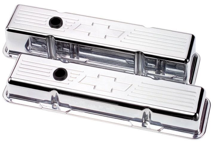 BILLET Suit SB Chev - Short Billet Specialties Aluminium Valve Covers With Bowtie Logo - Polished BS95121 SR