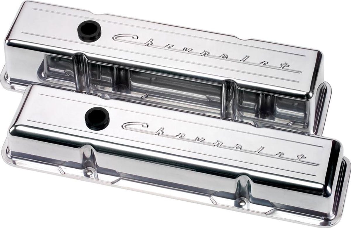 BILLET Suit SB Chev - Short Billet Specialties Aluminium Valve Covers With Chevrolet Logo - Polished BS95123 SR
