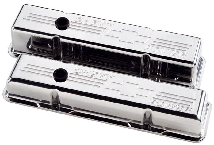 BILLET Suit SB Chev - Tall Billet Specialties Aluminium Valve Covers With Chevy Power Logo - Polished BS95222 SR