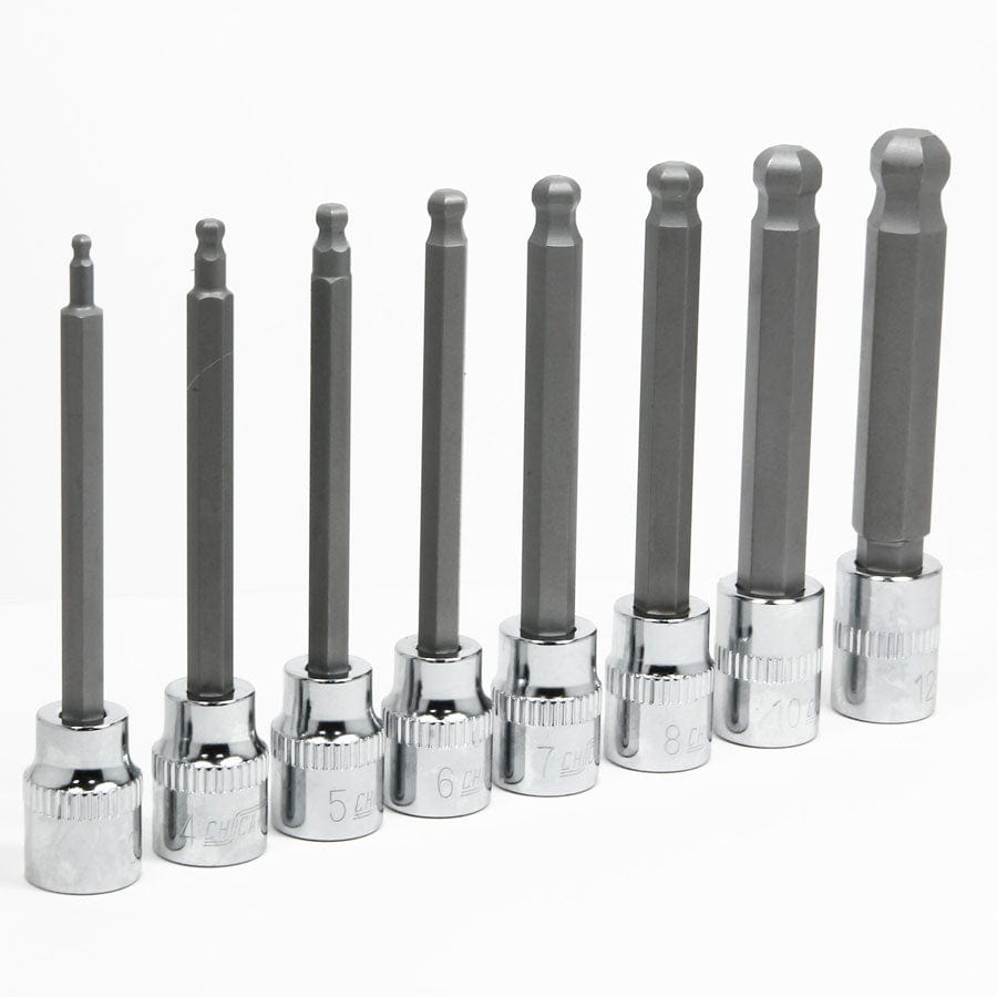 Chicane Tools HEX KEYS 8 PIECE 3/8" DR EXTRA LONG BALL-END HEX BITS SOCKET SET SR