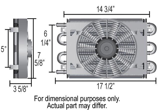 DERALE -6AN Inlets. 17-1/2" L x 7-5/8" H x 3-3/4" W Derale Derale Dyno-Cool 6 Pass Remote Mount Cooler with Fan DP12731 SR