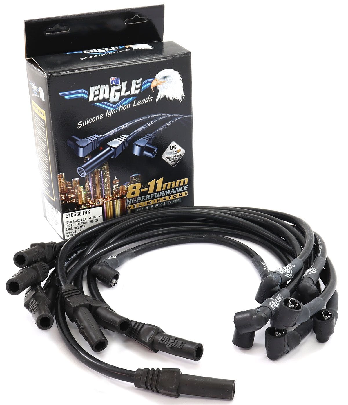 EL Suit Ford 302-351 Cleveland With STD Cap 90° Distributor & 180° Spark Eagle Leads 10.5mm Eliminator Series II Lead Set - Black ELE105801BK SR