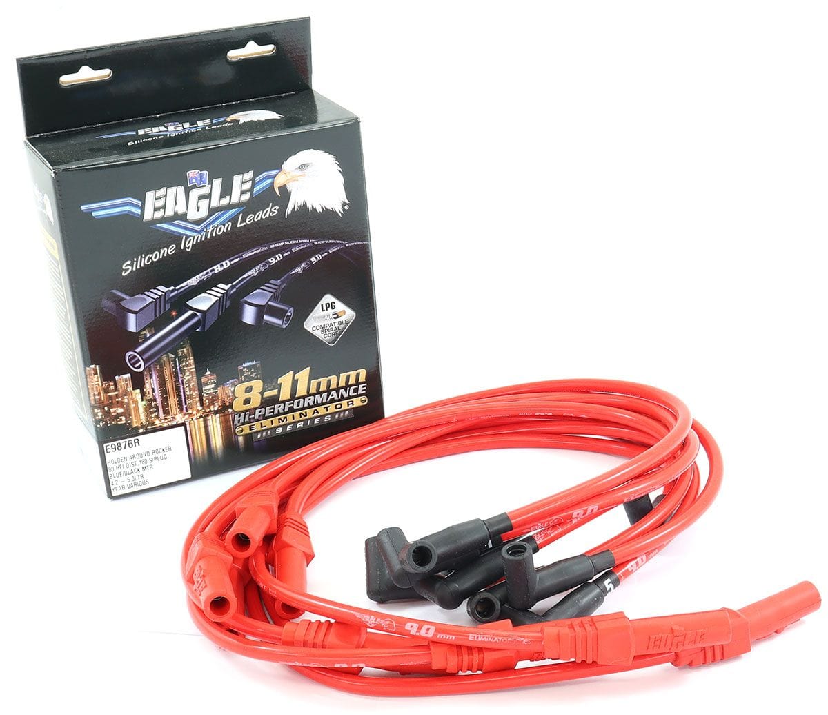 EL Suit Holden V8 With HEI Cap 90° Distributor & 180° Spark Plug (Suit L Eagle Leads 9mm Eliminator Series I Around Rocker Cover Lead Set - Red ELE9876R SR