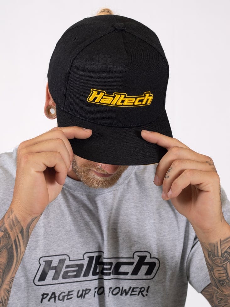 HALTECH Haltech Snapback Cap Black with Yellow Logo Size: One size fits all Haltech Snapback Cap Black with Yellow Logo Size: One size fits all SR