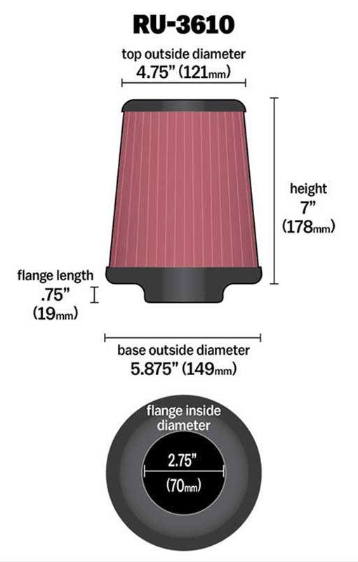 K&N 7 in (178 mm) H x 5.875 in (149 mm) Base OD x 4.75 in (121 mm) Top OD - KNRU-3610 K&N K&N Universal Clamp On Filter Fits 2.75 in (70 mm) KNRU-3610 SR