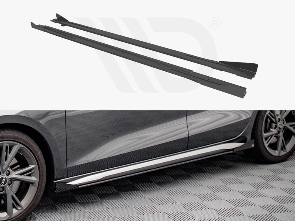 Maxton Design Black + Gloss Flaps Street PRO Side Skirts Diffusers (+flaps) Audi S3 / A3 S-line 8Y 2020- Maxton Design SR
