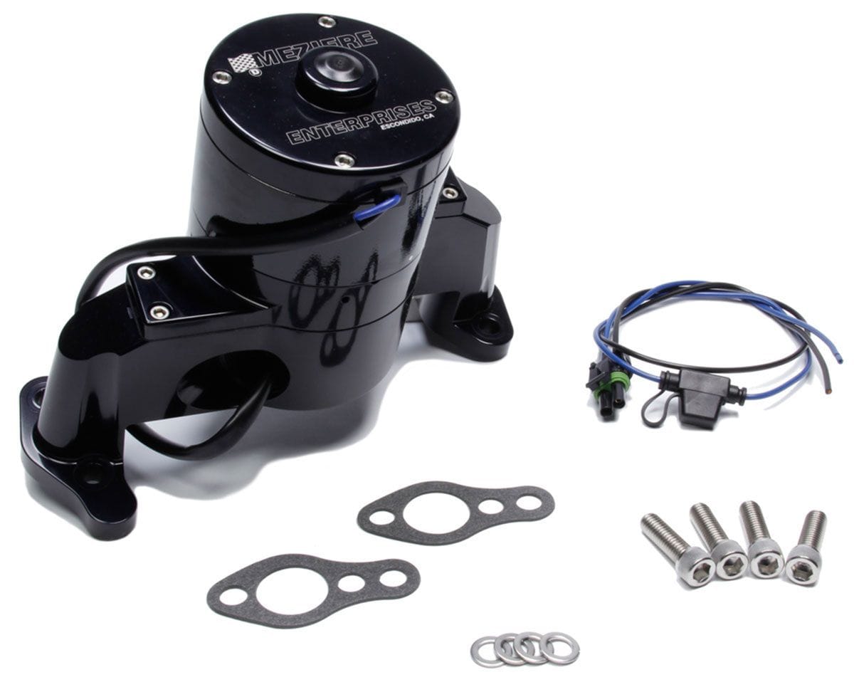 MEZIERE 42GPM, Heavy Duty motor Meziere Small Block Chev Electric Water Pump, Black Finish MZWP101SHD SR