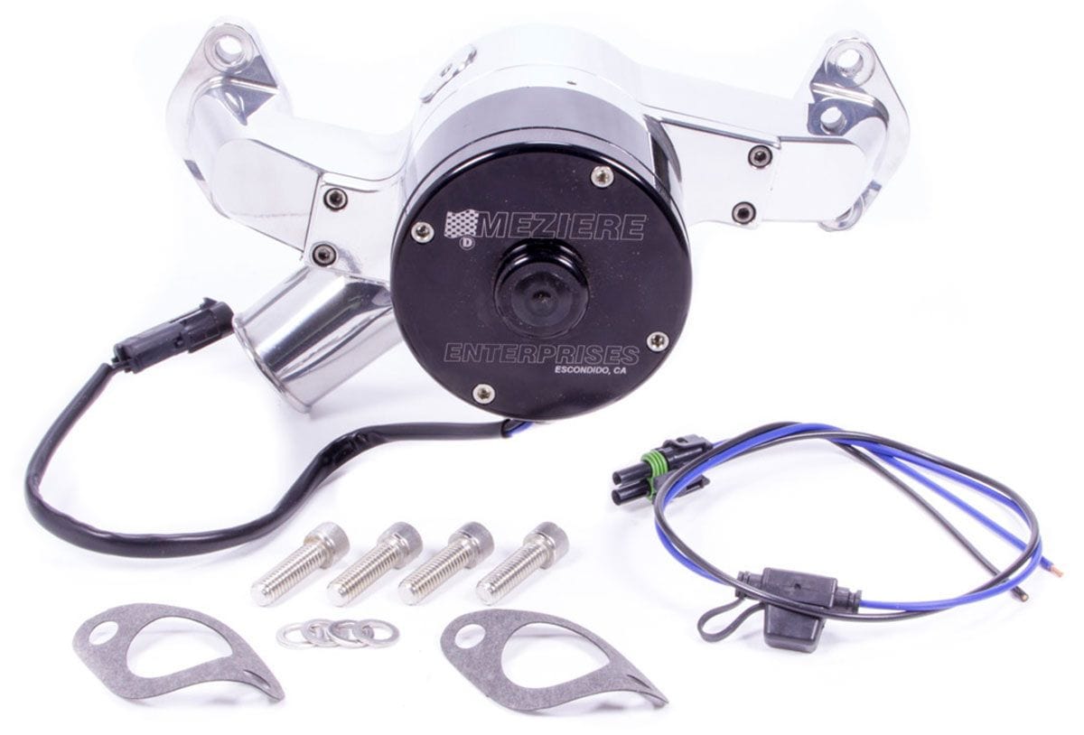 MEZIERE 42GPM, Heavy Duty motor Meziere Small Block Chev Electric Water Pump, Polished Finish MZWP101UHD SR