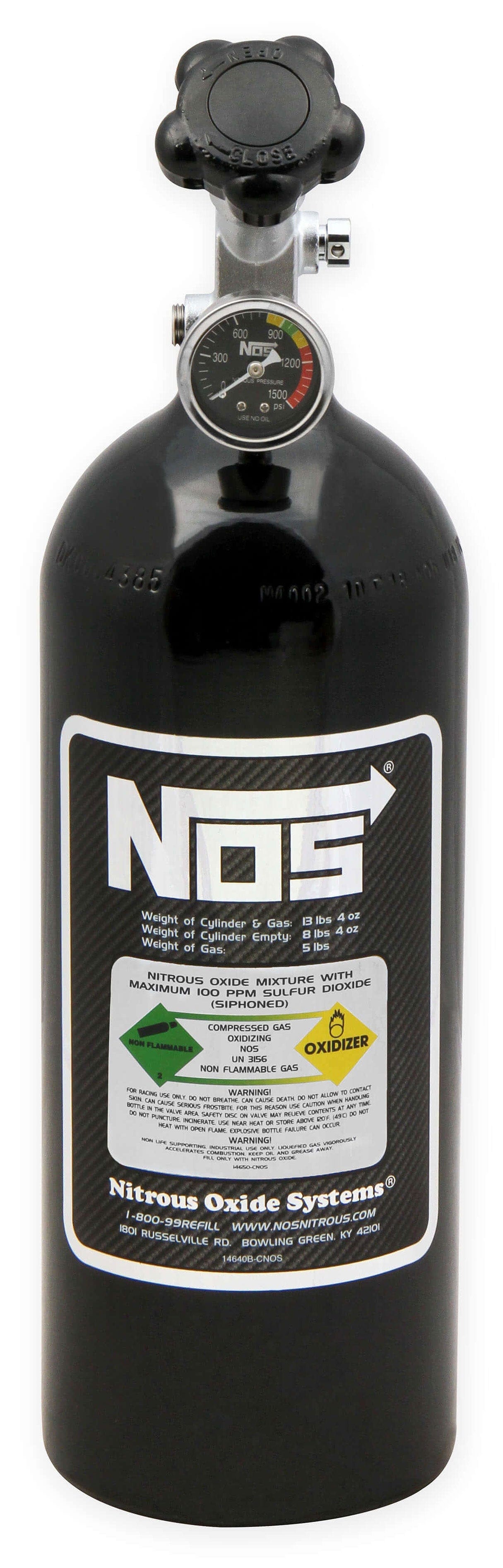 Nitrous Oxide Systems 16.75" x 5.25" dia. With Super Hi-Flo Valve & Gauge Nitrous Oxide Systems Nitrous Bottle 5-lb - Black NOS14730B SR