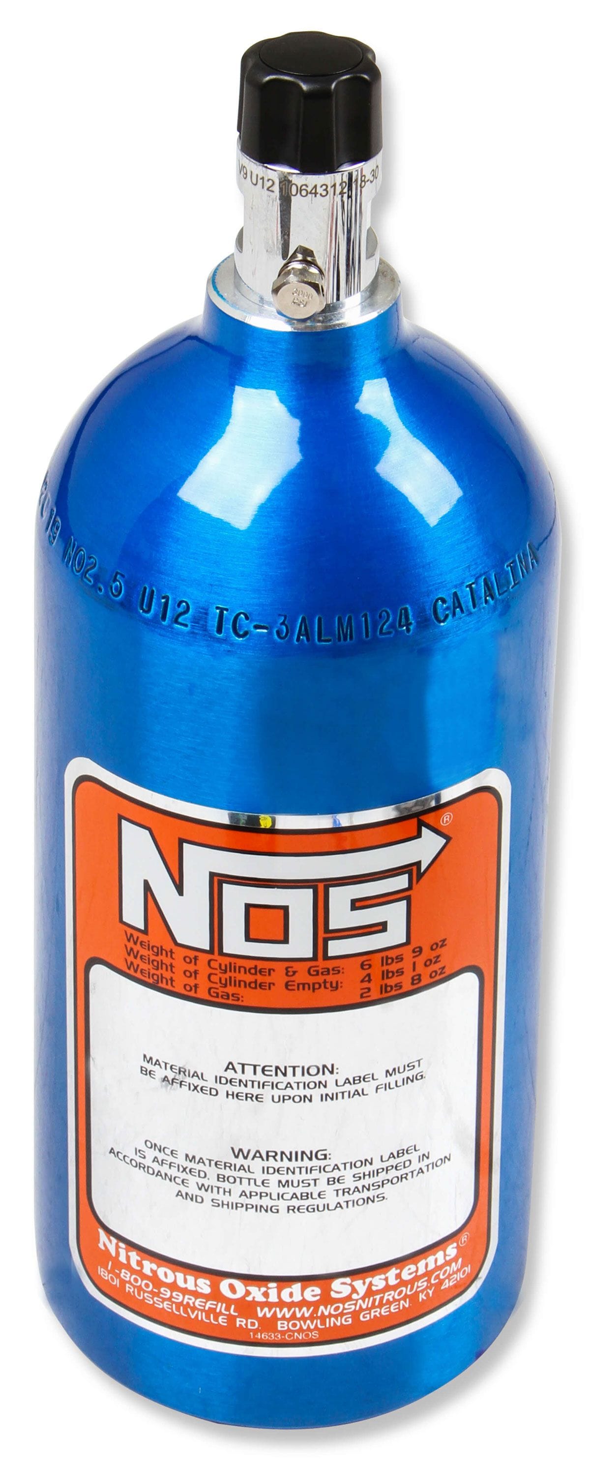 NOS 11.50" x 4.375" dia. With Mini Hi-Flo Valve Nitrous Oxide Systems Nitrous Bottle 2.5-lb. (Electric Blue) NOS14720 SR