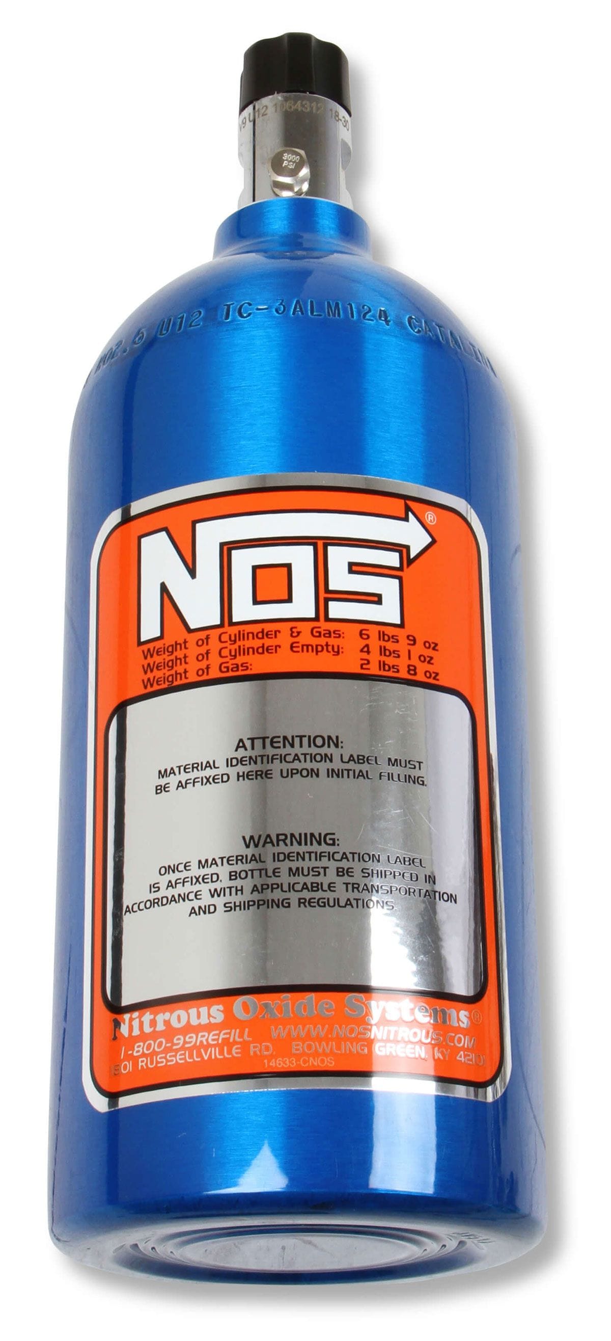 NOS 11.50" x 4.375" dia. With Mini Hi-Flo Valve Nitrous Oxide Systems Nitrous Bottle 2.5-lb. (Electric Blue) NOS14720 SR
