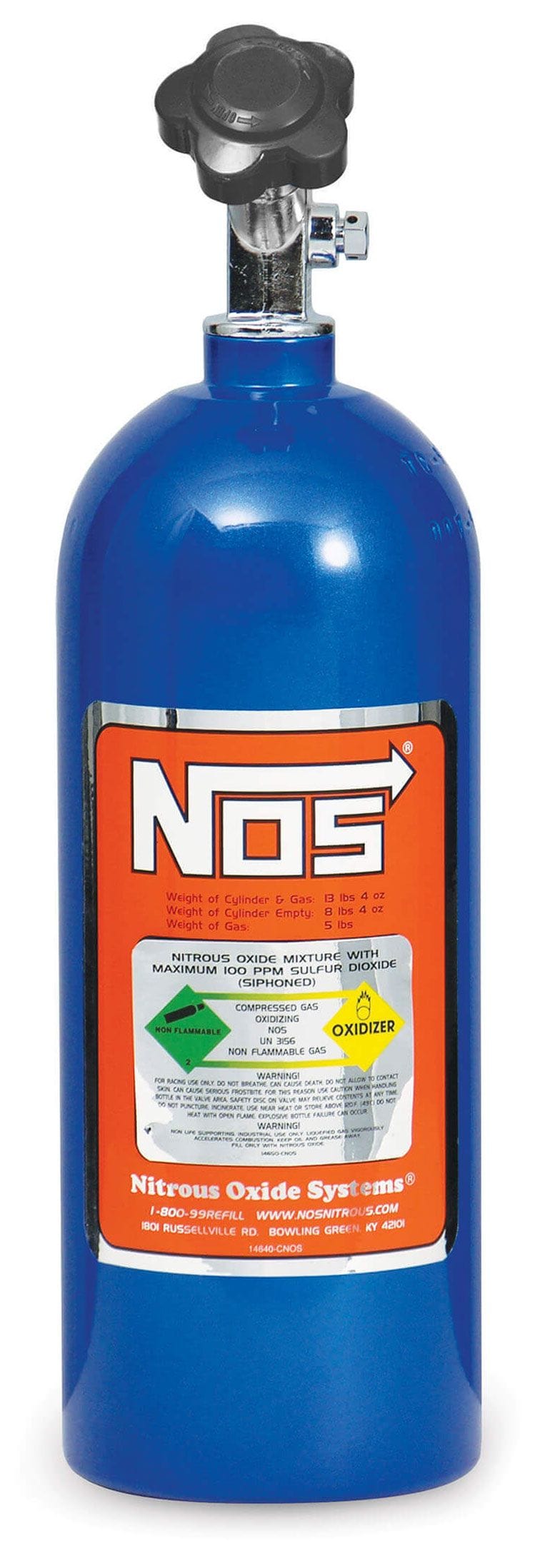 NOS 16.75" x 5.25" dia. With Hi-Flo Valve Nitrous Oxide Systems Nitrous Bottle 5-lb. (Electric Blue) NOS14730 SR