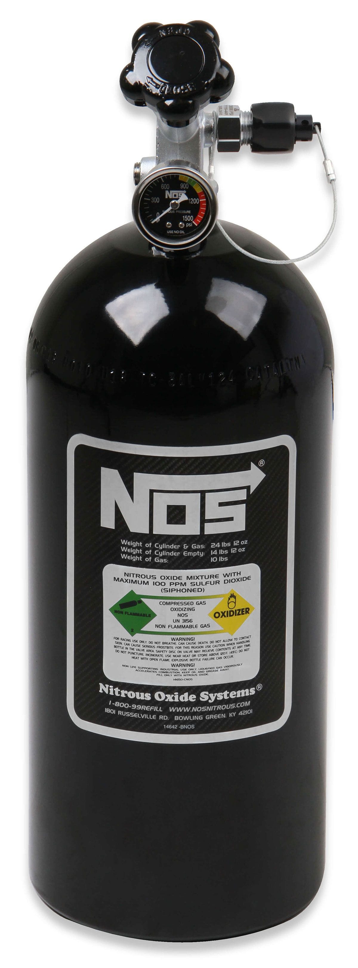NOS 21" x 7" dia. With Hi-Flo Valve, Gauge & Racer Safety Blow-Off Nitrous Oxide Systems Nitrous Bottle 10-lb. (Black) NOS14745B-TPI SR