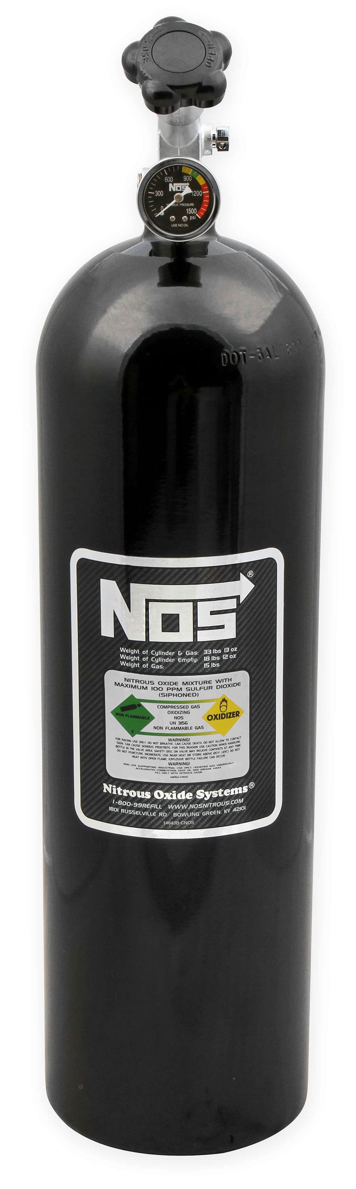 NOS 27" x 7" dia. With Super Hi-Flo Valve & Gauge Nitrous Oxide Systems Nitrous Bottle 15-lb - Black NOS14750B SR