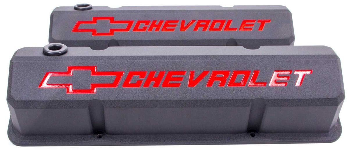 PROFORM Black Crinkle Suit SB Chev With Recessed Chevrolet Logo & Bowtie Embl Proform Die-Cast Aluminium Slant Edge Valve Covers PR141-928 SR
