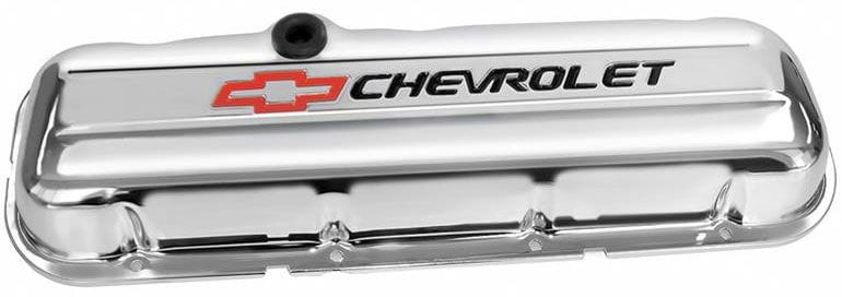 PROFORM Chrome Suit BB Chev With Black Chevrolet Logo & Red Bowtie Emblem Proform Stamped Steel Short Valve Covers With Baffle PR141-812 SR