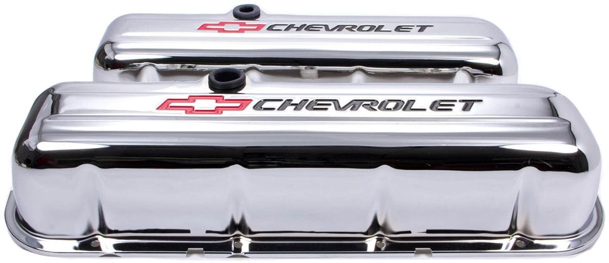 PROFORM Chrome Suit BB Chev With Black Chevrolet Logo & Red Bowtie Emblem Proform Stamped Steel Tall Valve Covers With Baffle PR141-813 SR