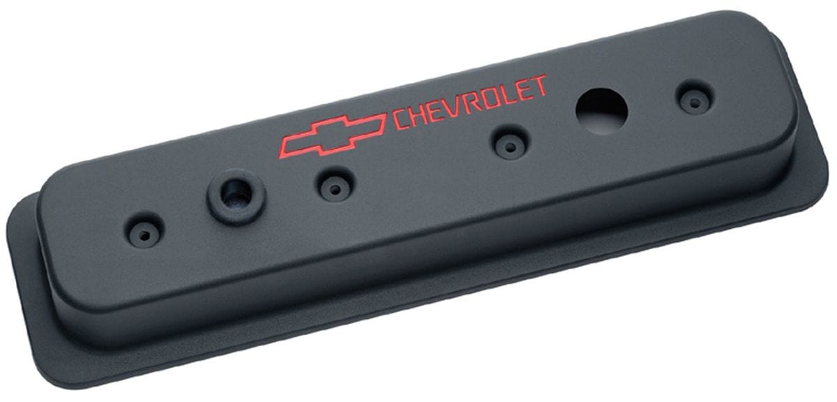 PROFORM Small Block Chev 1987-Later Proform Die Cast Valve Covers with Chevrolet Logo (Centre Hold-Down) Black Crinkle Finis SR