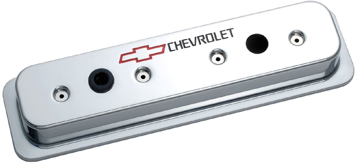 PROFORM Small Block Chev 1987-Later Proform Die Cast Valve Covers with Chevrolet Logo (Centre Hold-Down) Chrome PR141-132 SR