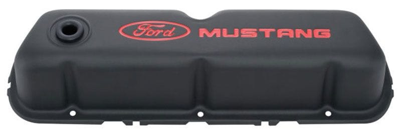 Proform Suit SB Ford 289-302-351 Windsor With Red Ford Mustang Logo Proform Stamp Steel Valve Covers - Black Crinkle PR302-101 SR