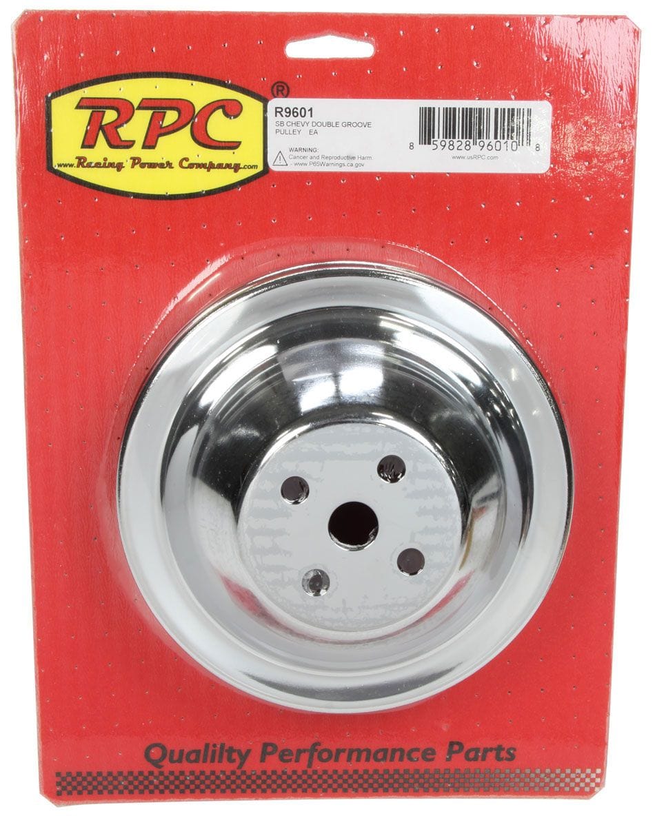 RPC Fits 1955-68 S/B Chev 283-350 with Short Water Pump Racing Power Company Chrome Steel Water Pump Upper Pulley, Double Groove 6.40" Dia, 1.75" Bolt Circle SR