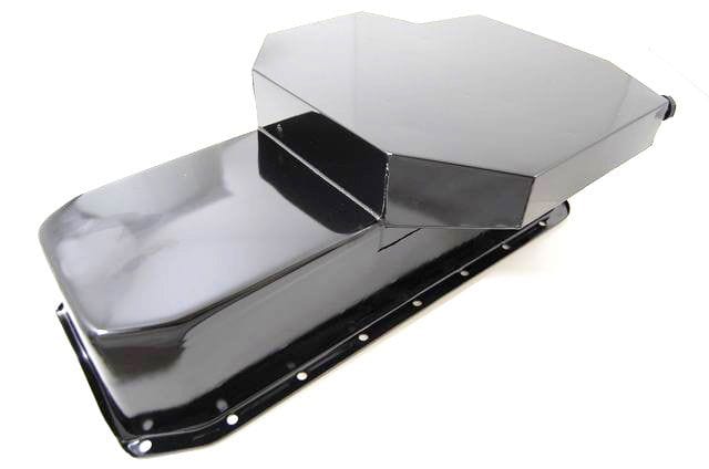 RPC Fits 1955-79 S/B Chev 283-350, Dipstick on Passengers Side Racing Power Company Black Steel Champion Style Oil Pan, 7" Deep, 6 Trap Doors, 2 Runners & 3 Crank S SR
