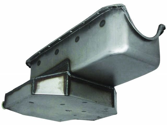RPC Fits 1955-79 S/B Chev 283-350, Dipstick on Passengers Side Racing Power Company Unplated (Raw) Steel Champion Style Oil Pan, 7" Deep, 6 Trap Doors, 2 Runners & SR