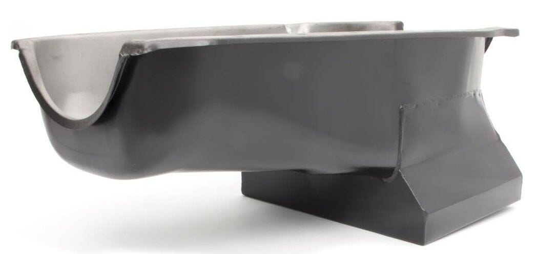 RPC Fits 1955-79 S/B Chev 283-350 Racing Power Company Black Steel Drag Race Oil Pan, 8-1/4" Deep with 1 Trap Door (Drivers side dipsti SR