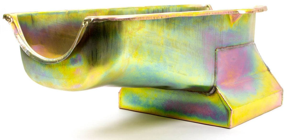 RPC Fits 1955-79 S/B Chev 283-350 Racing Power Company Zinc Steel Drag Race Oil Pan, 8-1/4" Deep with 1 Trap Door (Passenger dipstick) SR