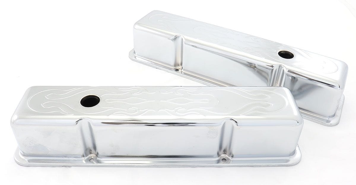 RPC Fits 1958-86 S/B Chev 283 - 350 Racing Power Company Tall Chrome Steel Valve Covers Flame Style RPCR8215 SR