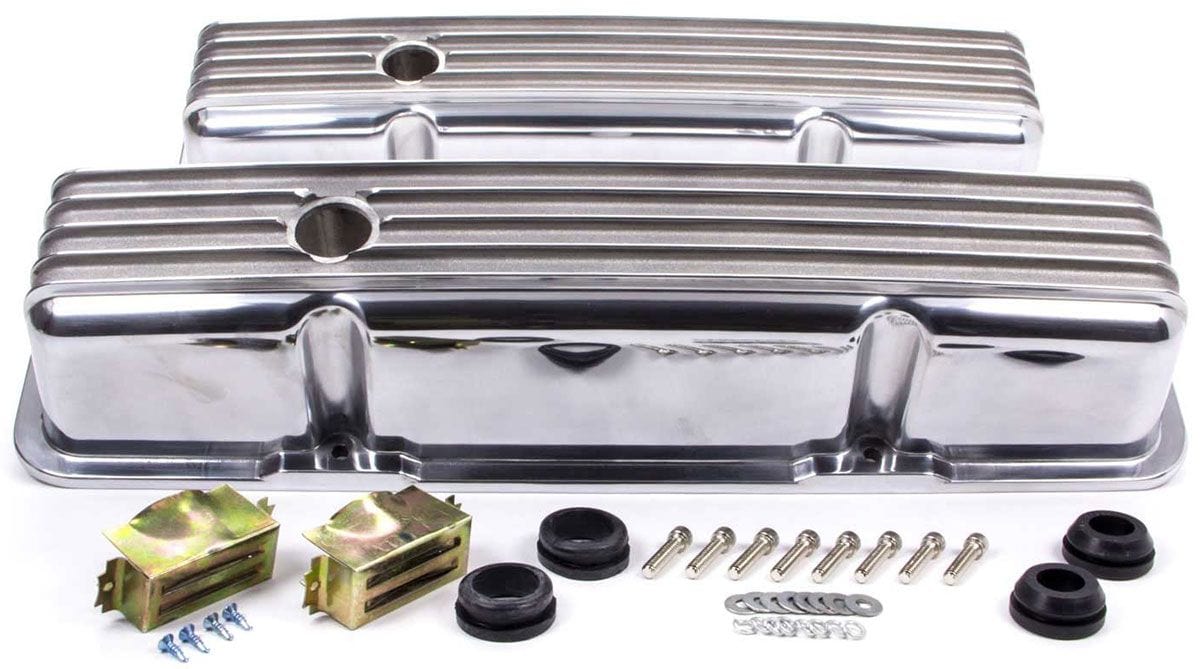 RPC Fits 1958 - 86 S/B Chev 283 - 400 Racing Power Company Tall Nostalgic Aluminium Polished Finned Valve Covers with Breather Hole RPCR618 SR